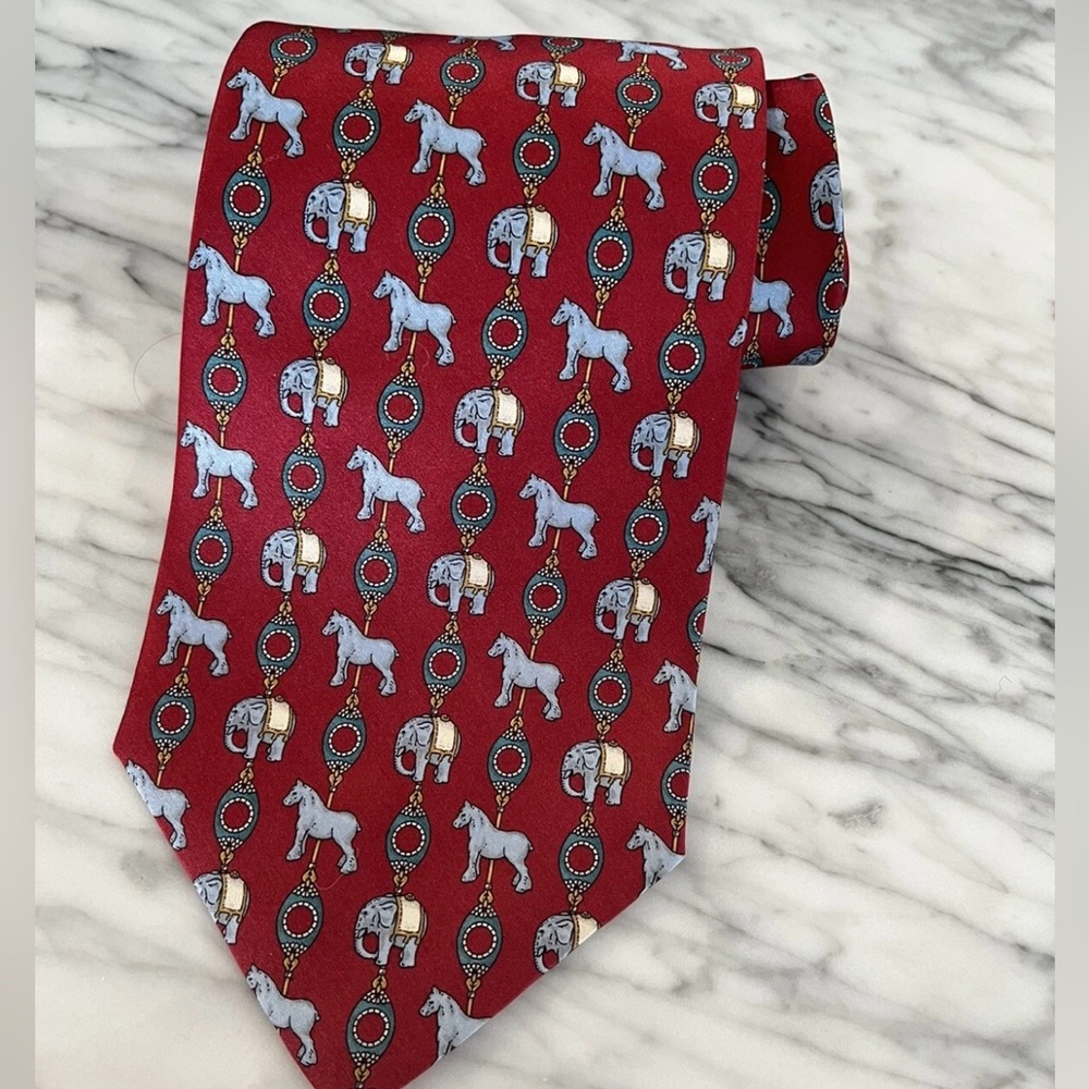 Faberge Mens Silk Tie Elephants Horses Palm Trees Burgundy Blue New
